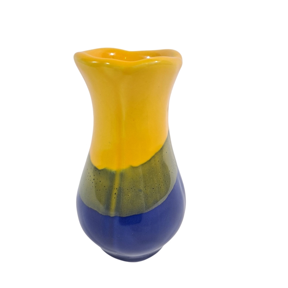 Hungarian Decorative Ceramic Color Block Bud Vase Yellow Blue Green 4"
